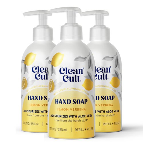 Cleancult - Lemon Verbena - Moisturizing Liquid Hand Soap - Refillable Aluminum Bottle - Made with Aloe Vera - Nourishes & Moisturizes Dry & Sensitive Skin - 12 oz - 3 Pack