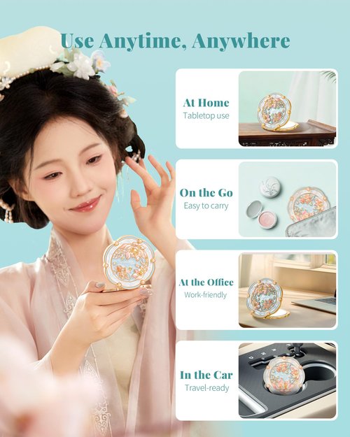 Imperblooms Lotus Bloom Compact Mirror, Small 2X Magnifying Makeup Mirror for Purse Pocket, Mini Portable Folding Blue Mirror, Chinese Style Gift for Women Girls