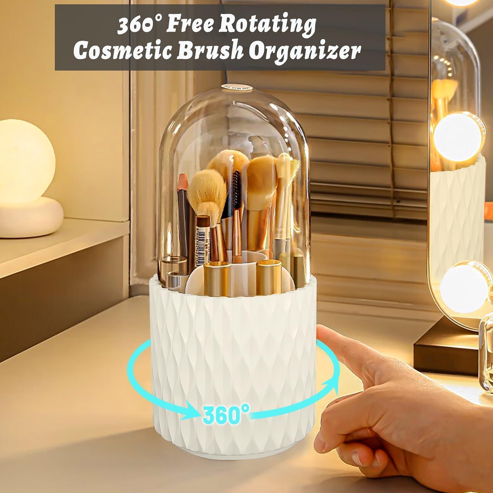 VNIMTI 360°Smooth Rotating Makeup Brush Holder with Dustproof Lid Spinning Vanity Organizer for Beauty Lipstick Perfume,Brushes Storage Container,Countertop,Dressing Table,Bathroom Desk (White)