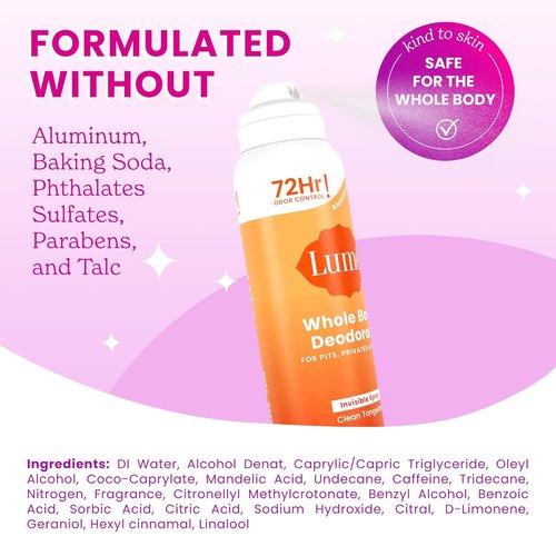 Lume Invisible Spray Deodorant For Women - 72 Hr Odor Control | Aluminum-Free & Natural Propellant - 3.6 oz Clean Tangerine