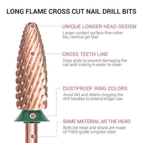 MelodySusie Long Flame Nail Drill Bits, 3/32'' Carbide Tungsten Bits, Suitable for Manicure Pedicure Cuticle Gel Polishing, Beginners Bits, Rose Gold, Series Bit-X, Coarse