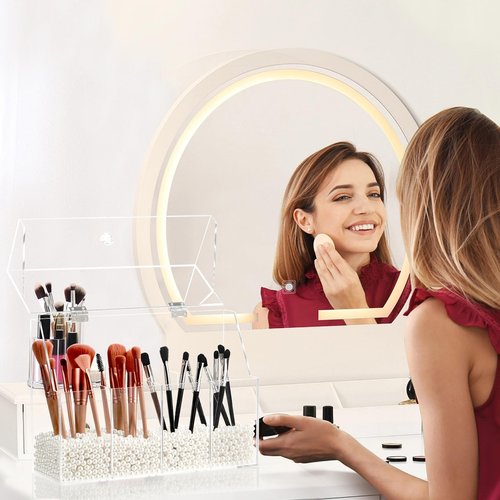 Vevitts Acrylic Makeup Organizer, Clear Cosmetic Brush Storage Box With 4 Brush Holders (Pearl not included),Makeup Brush Holder with Dust Cover, Large-capacity Split Design Organize the Desktop