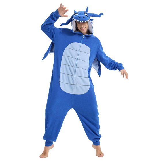 Focupaja Dragon Onesie Adults Animal Cosplay Halloween Pajamas Costumes Jumpsuit One Piece Sleepwear Blue Dragon Black Line XL