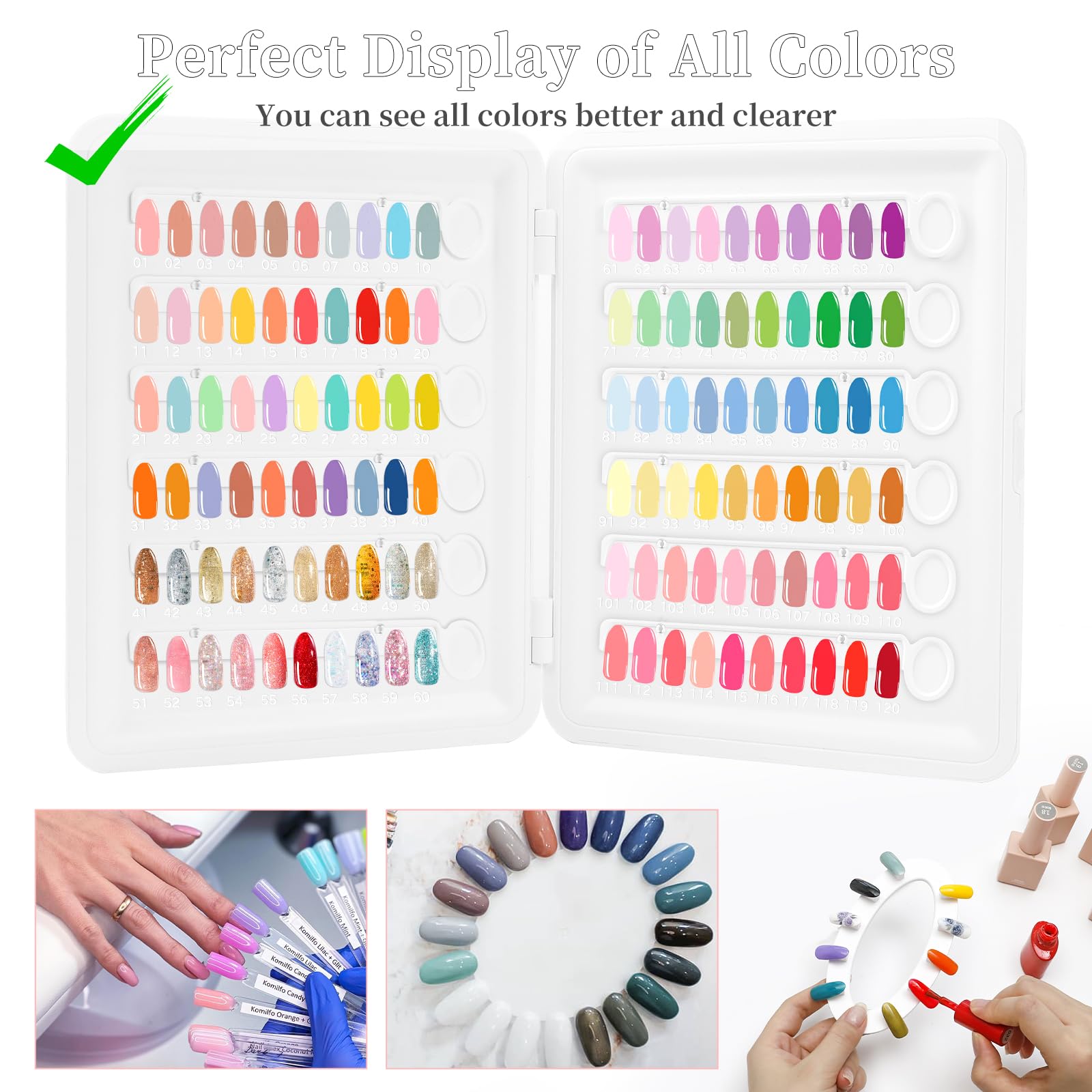 YINGJEE Nail Color Display Book Nail Swatch, 120 Colors Nail Polish Sample Display Book with Transparent Replacement Nails, Professional Nail Gel Color Card Book, No Need Pasting, No Need Glue