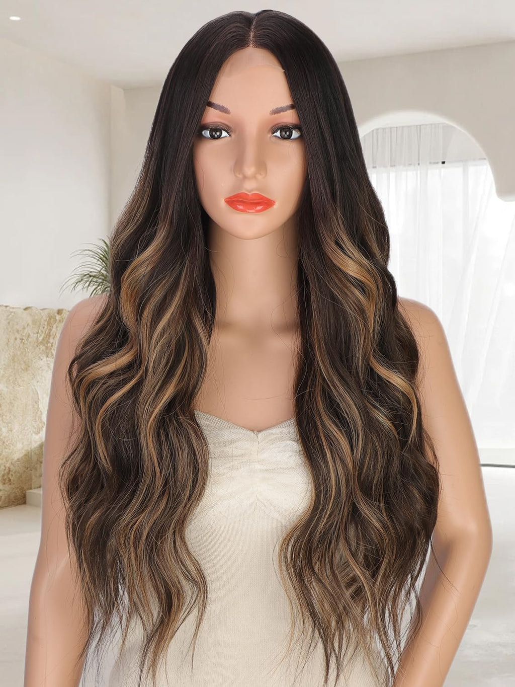 XIXIBI Long Brown Highlights Wigs for Women, Ombre Brown Mixed Blonde Wigs with Black Roots, Synthetic Long Curly Wavy Wigs With Lace Hairline, Heat Resistant Fiber Wig for Daily Party Use