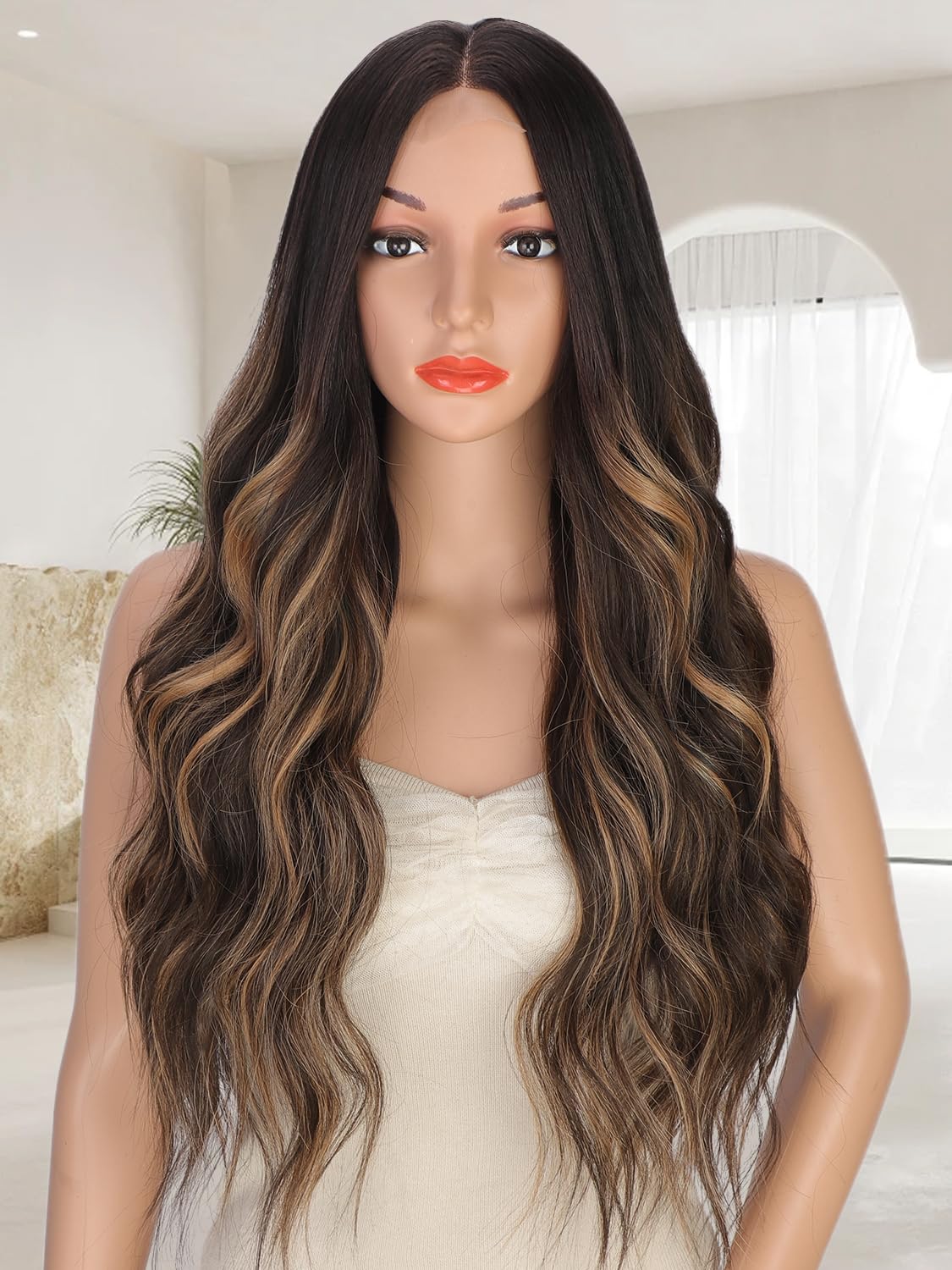 XIXIBI Long Brown Highlights Wigs for Women, Ombre Brown Mixed Blonde Wigs with Black Roots, Synthetic Long Curly Wavy Wigs With Lace Hairline, Heat Resistant Fiber Wig for Daily Party Use