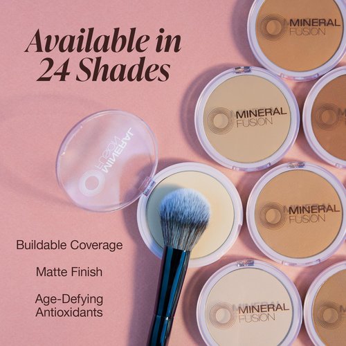 Mineral Fusion Pressed Powder Foundation, Olive 3 - Med Skin w/Greenish Undertones, Age Defying Foundation Makeup with Matte Finish, Talc Free Face Powder, Hypoallergenic, Cruelty-Free, 0.32 Oz