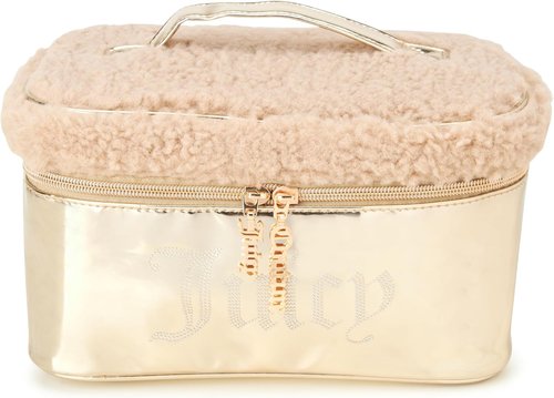 Juicy Couture Gold Makeup Bag - Shiny Rhinestones Travel Organizer | Faux Shearling Design