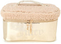 Juicy Couture Gold Makeup Bag Cosmetics Organizer Travel Essentials Train Case Shiny Rhinestones Faux Shearling