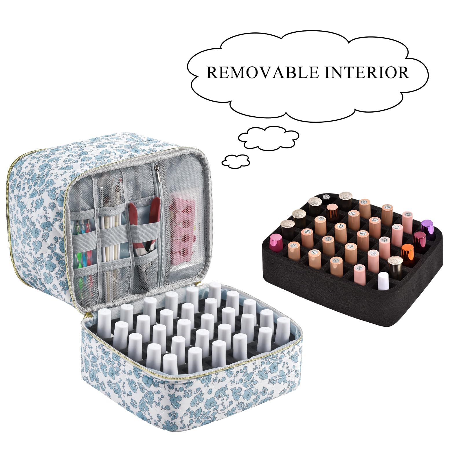 ZFZGFRCS Upgraded Nail Polish Organizer Case - Holds 30 Bottles and 1 Nail Light, Double-layer Nail bag Organzier Case Nail Polish Storage Bag with Handles (Blue-Flower)