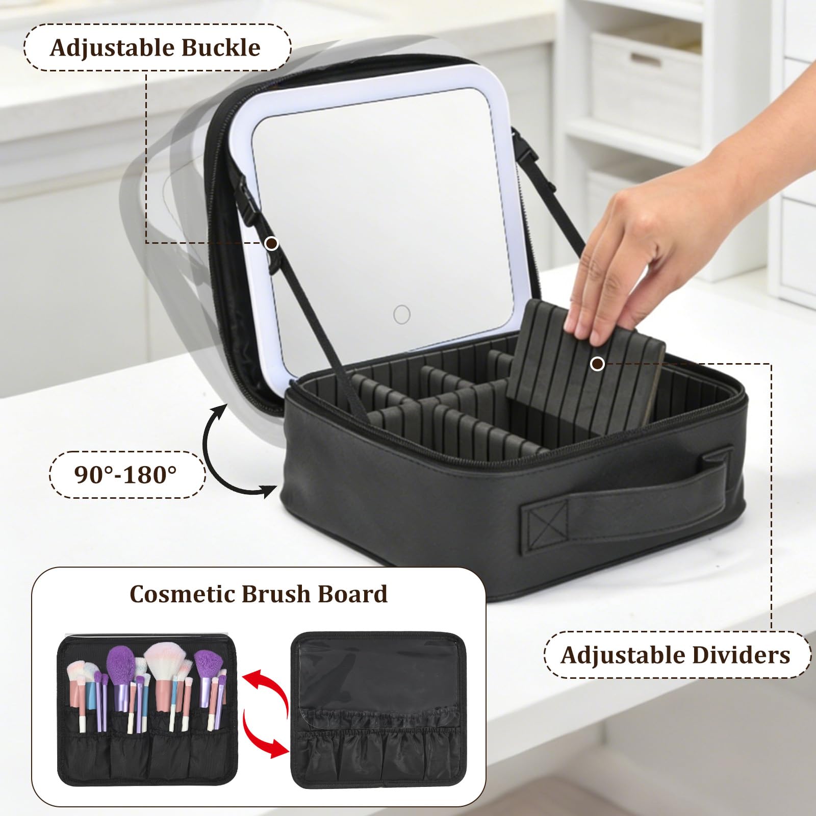 Yaliang Travel Makeup Bag, Portable Makeup Case with LED Mirror, Removable Mirror with 3 Color Modes, 8 Adjustable EVA Dividers for Brushes Toiletry Jewelry Digital Accessories, Solid Black