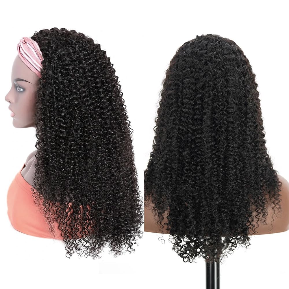 XSY Headband Wig Human Hair Kinky Curly 12 Inch Headband Wigs for Black Women None Lace Front Wig Curly Brazilian Wear and Go Glueless Wig 150% Density Natural Color