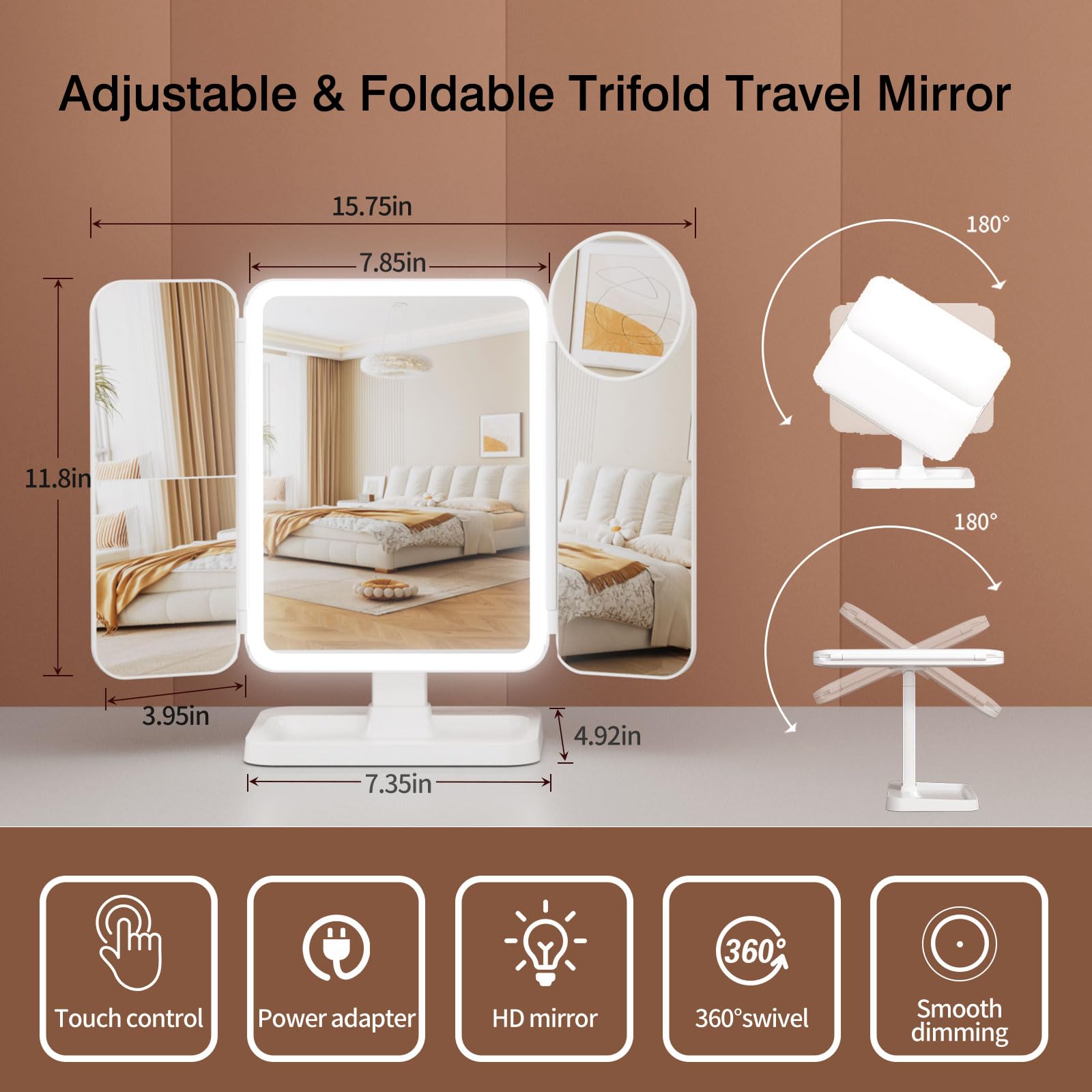 YGGPOQO Lighted Makeup Mirror with 75 LEDs, Rechargeable Vanity Mirror with 1X/2X/3X/10X Magnification, 3 Color Modes & Touch Dimming, Portable Folding Mirror for Travel Desk, Gifts for Women & Girls