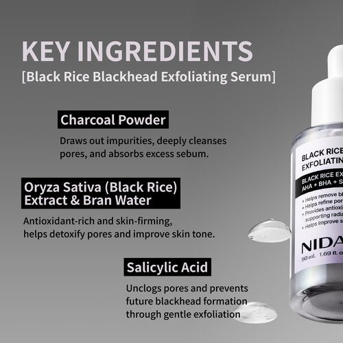 NIDA Black Rice Blackhead Exfoliating Serum | 1.69 fl.oz., 50ml | Daily Soft Exfoliating Face Scrub Dead Skin Cells Remover for All Skin Types korean skin care