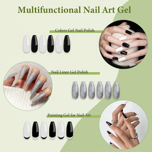 Gel Nail Art Polish Set with Thin Brush – 4 Colors White Gel Nail Polish Black Silver Glitter Liner for Nail Art Design French Tips Soak Off UV/LED 8ml