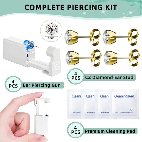 Nunpag 12 Pcs Ear Piercing Kit Disposable Ear Piercing Gun Kit with 4 Pcs 6 Prong Setting Cubic Zirconia Earrings Stud 316L Stainless Steel Easy to Use at Home Self Ear Piercer Gun Kit Tool