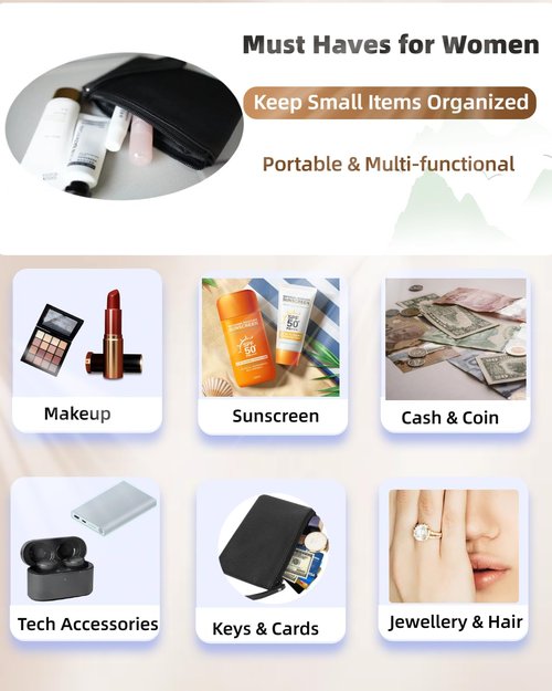 4.5 x 6.5 Clutch Stadium Approved, Leather Coin Purse for Women Wristlet Money Pouches for Cash Car Change with Zipper Lipstick Holder, Extra Small Makeup Bag for Purse Organizer Insert, Black