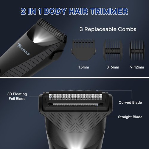 TEENOVA Pubic & Body Hair Trimmer for Men, 2 In 1 Electric Ball Groin Razor Shaver with Ceramic Blade, No Nick Mens Grooming Kit for Wet/Dry Use, Cordless Charging Body Groomer with Led Display, Black