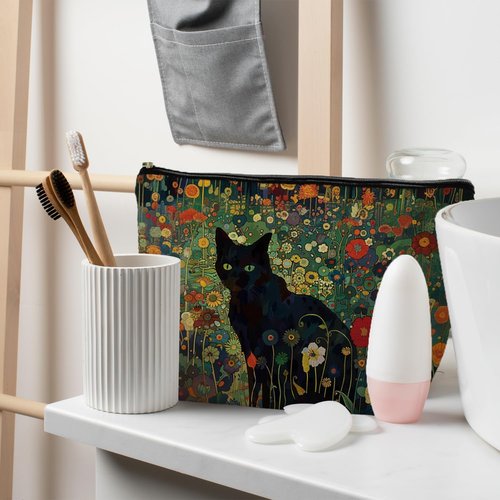 RYYCDOI Cat Gifts for Women Cat Lovers, Floral Black Cat Makeup Bags for Women Cosmetic Pouch