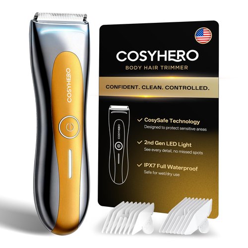 COSYHERO Manscape Groin & Body Hair Trimmer for Men, Electric Ball Shaver & Pubic Grooming Kit, LED Light, IPX7 Waterproof Wet/Dry Groomer, Rechargeable Manscaper with Ceramic Blades (Gold)