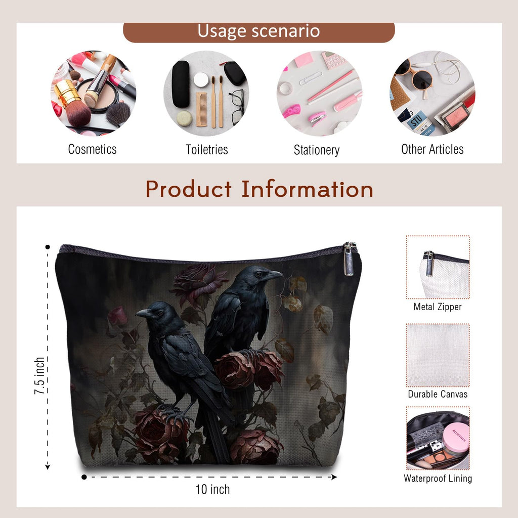 Zomhix Gothic Raven Couple Makeuo Bag - Goth Couple Gifts for Women, Crow Lovers Gifts, Gothic Women's Zippered Bag for Travel Bag Purse, Crow Cosmetic Bag for Women