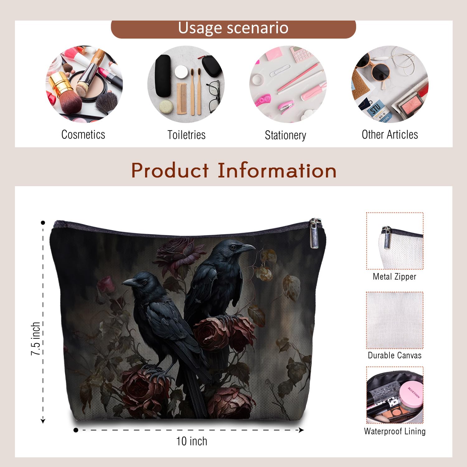Zomhix Gothic Raven Couple Makeuo Bag - Goth Couple Gifts for Women, Crow Lovers Gifts, Gothic Women's Zippered Bag for Travel Bag Purse, Crow Cosmetic Bag for Women