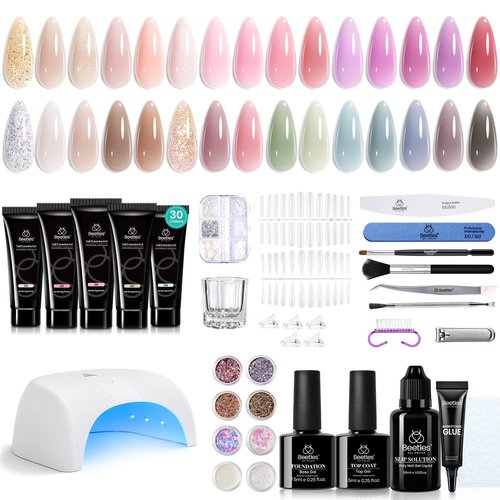 Beetles 30 Colors Poly Extension Gel Nail Kit With U V Lamp Nude Pink Glitter Poly Nail Gel Starter Kit All In One With Nail Art Accessories Manicure DIY Home Salon Gift for Women Girls