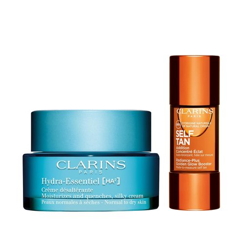 Clarins Hydra-Essentiel Silky Cream & Self Tanning Face Booster Bundle - Hydrating Moisturizer for Normal to Dry Skin with Hyaluronic Acid