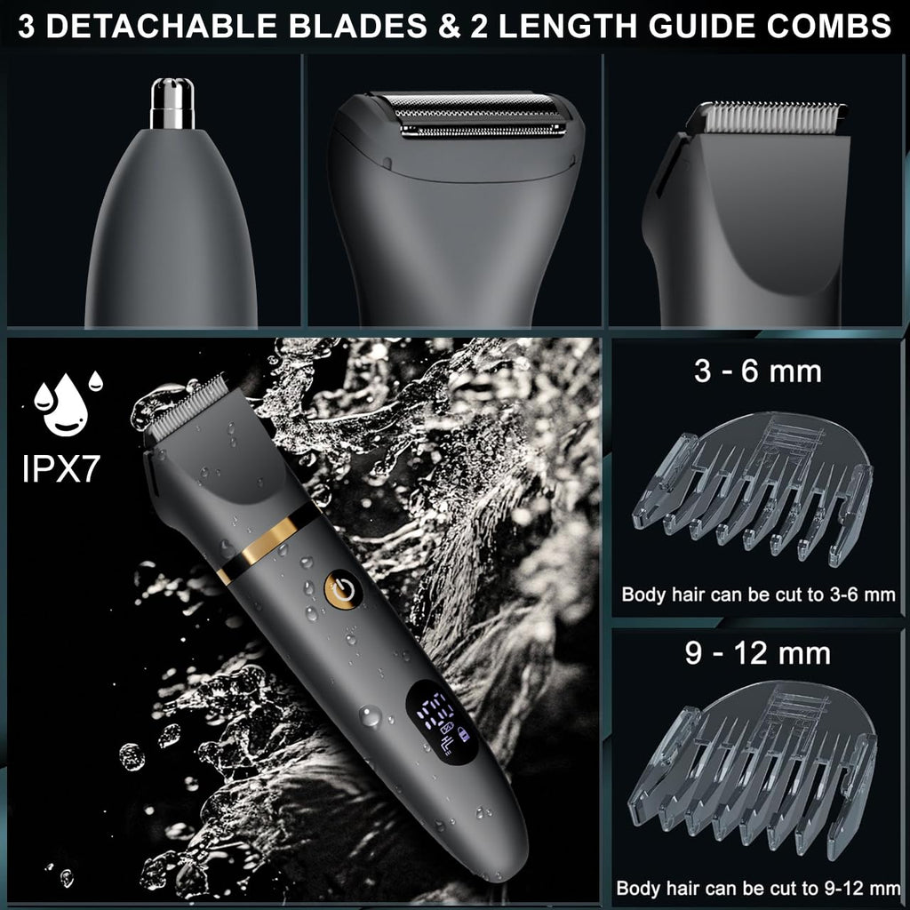 Zivelier Ball Shaver for Men, 3-in-1 Multifunction Body Hair Trimmer & Pubic Shaver with Titanium Blades (No Nicks!), IPX7 Waterproof Electric Razor, LED Display, Wet/Dry