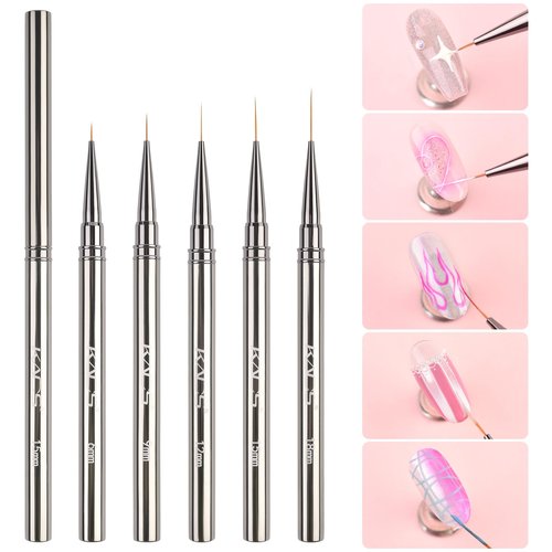 KADS Fine Liner Nail Brush Metal Handle Nail Painting Design Brush Drawing Pen 6mm 9mm 12mm 15mm 18mm (Set of 5Pcs)