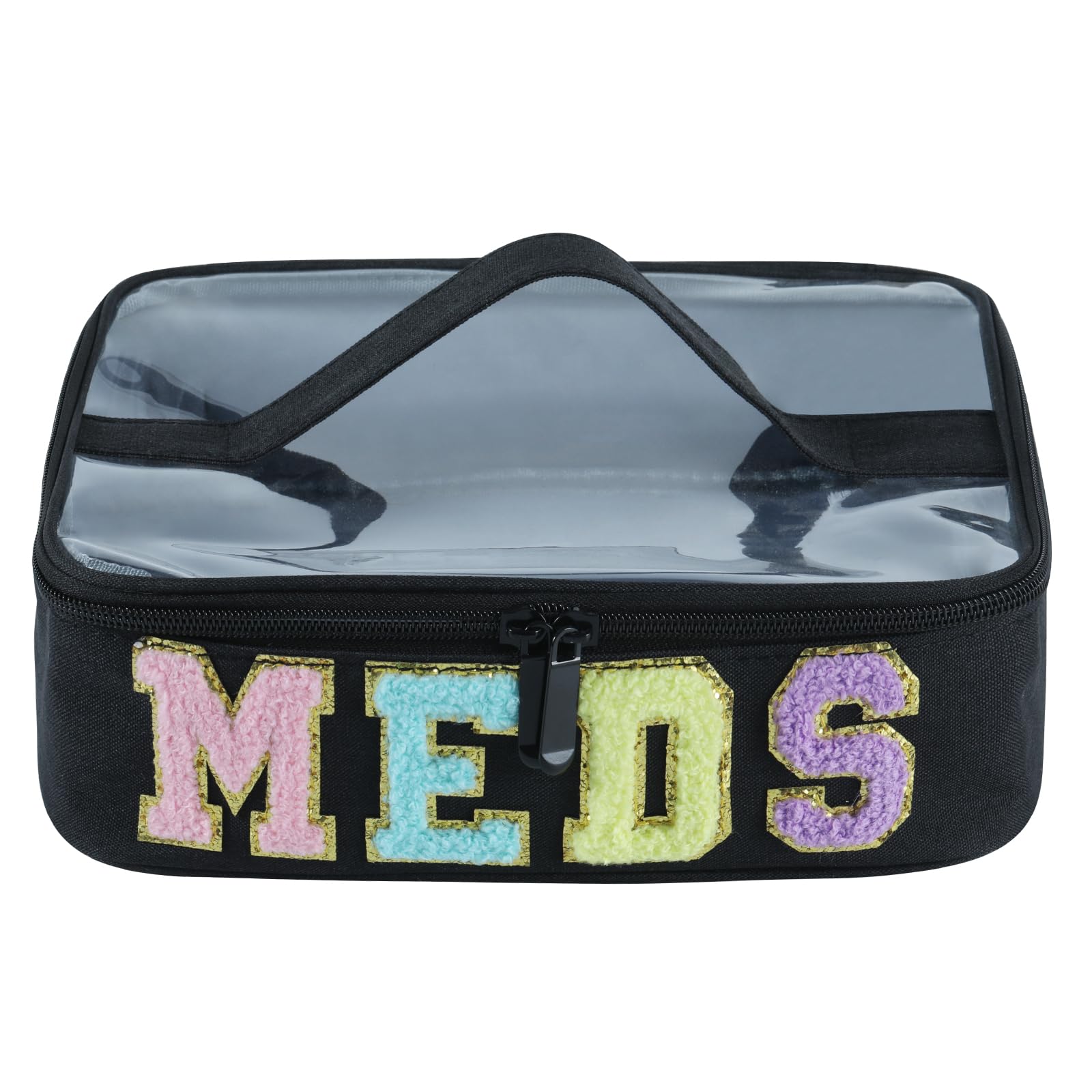 YUDEYG Medicine Bag Organizer for Travel - Large Transparent Top Pill Bottle Organizer with MEDS Patch, Water-Resistant Nylon Medication Bag for Toiletries & Cosmetics (Black, Navy, Gray) (Black)
