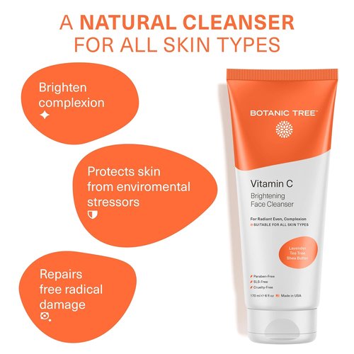 Botanic Tree Vitamin C Face Wash - Brightening Facial Cleanser for All Skin Types, Reduces Acne Scars & Breakouts