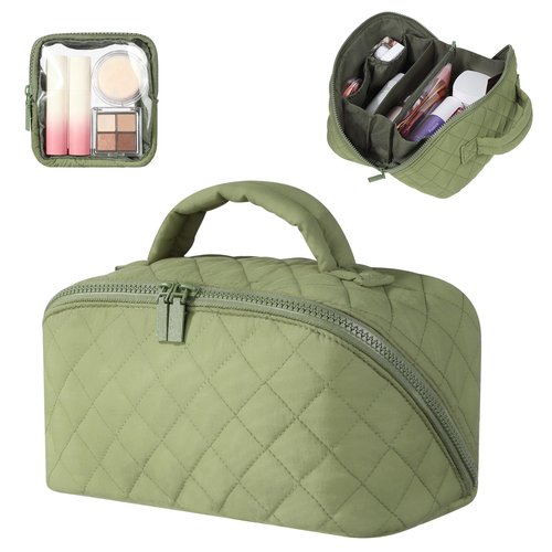 Petition Makeup Bag for Women, Wide Open Lay-Flat Cosmetic Case, Festivalment Makeup Bag, Spacious 180° Open Cosmetic Organizer for Toiletries & Brushes Large Capacity with Compartments (Green)