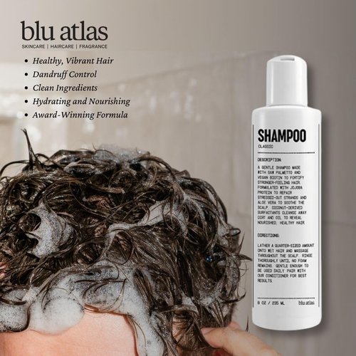 Blu Atlas Men's Natural Shampoo - Organic, Sulfate-Free, Deep Cleansing & Hydrating - Classic Bergamot Sage Patchouli Scent - 8 oz
