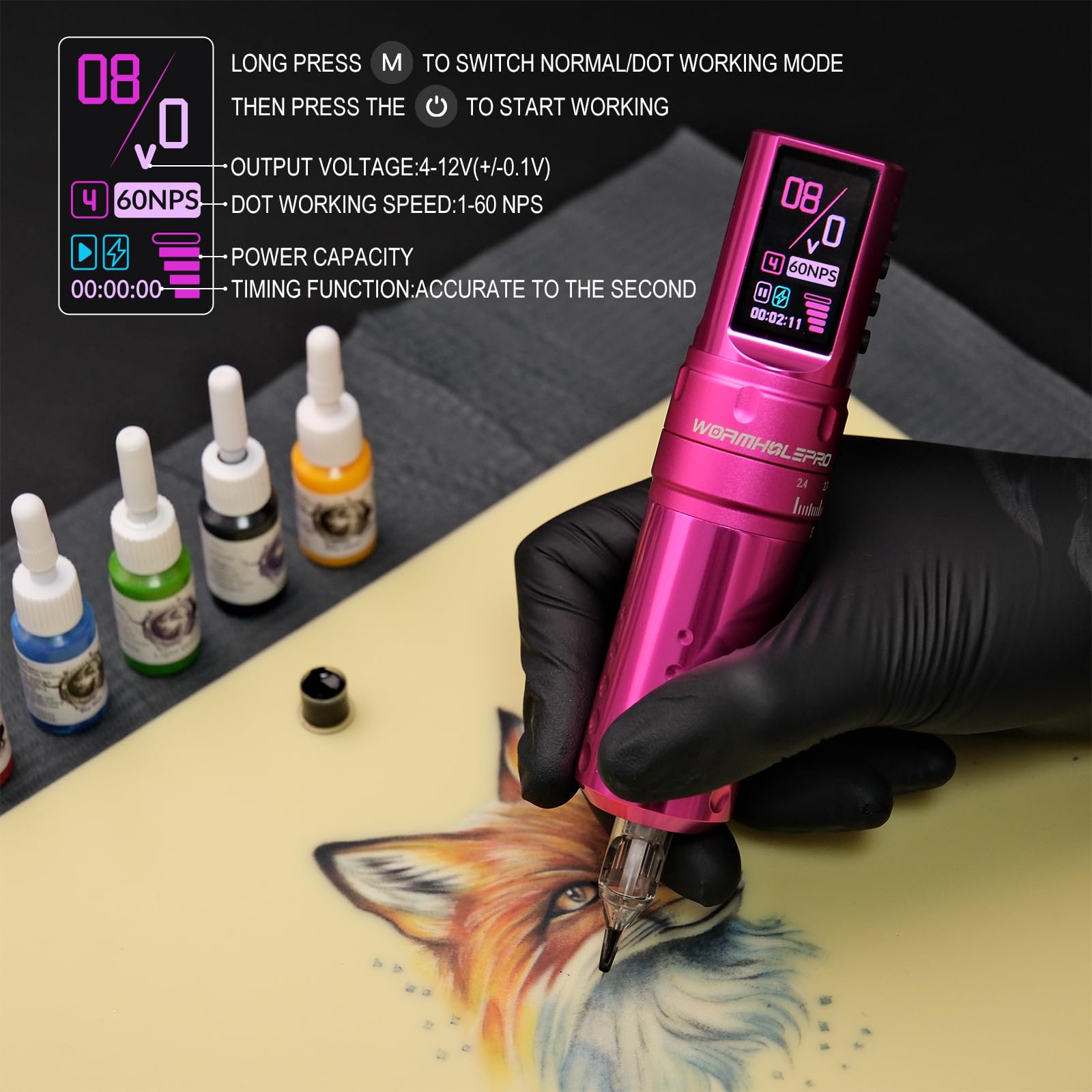 WORMHOLE PRO 80PCS Tattoo Gun Kit with 7 Adjustable Strokes, 1,800 mAh Capacity Replacement Power Supply, Digital LED Display, 20Pcs Tattoo Needles for Artists VIRGO - Pink