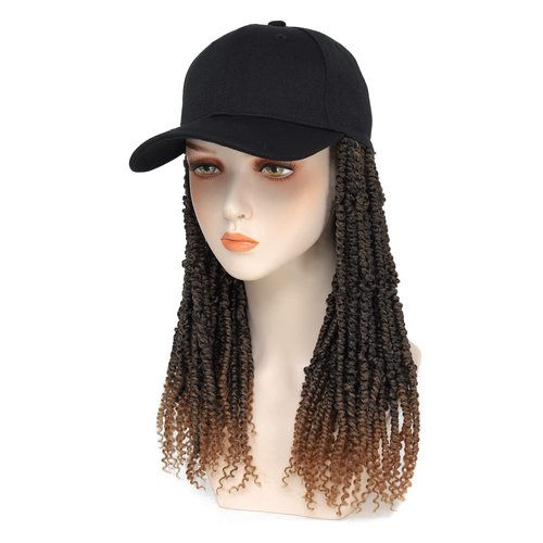 AliRobam Hat Wig Baseball Cap with Short Pre-Twisted Passion Twist Hair Extensions Ombre Brown Synthetic Curly Ends Braids Sewed in Adjustable Black Baseball Hat Wig for Black Women(12inch, T27)