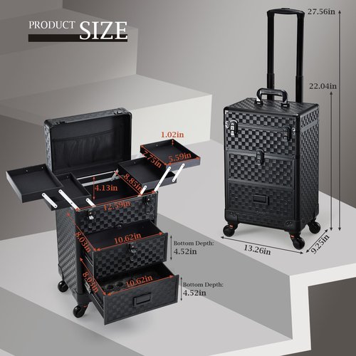 Stagiant Rolling Makeup Case with Drawers Cosmetology Case on Wheels 3 IN 1 Makeup Case 2 Drawers with Foot Stand Spring-release Mechanism Rolling Make Up Organizer for Artist Salon Nail Teach Trunk