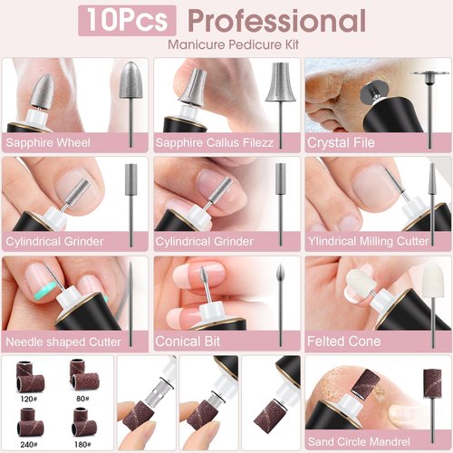 10pcs Nail Drill Bits Sets with 50Pcs File Sanding Bands, Professional Rotary Cuticle Remover Bits Kit Cuticle Remover Bits for Acrylic Nail Manicure Pedicure Tools