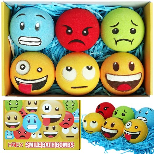 HZEX Large Emotion Face Bath Bombs Set of 6 – Fun Emoji-Inspired Spa Fizzies – Handmade with Shea Butter, Cocoa Butter & Essential Oils – Moisturizing Gift Set for Women, Men & Kids