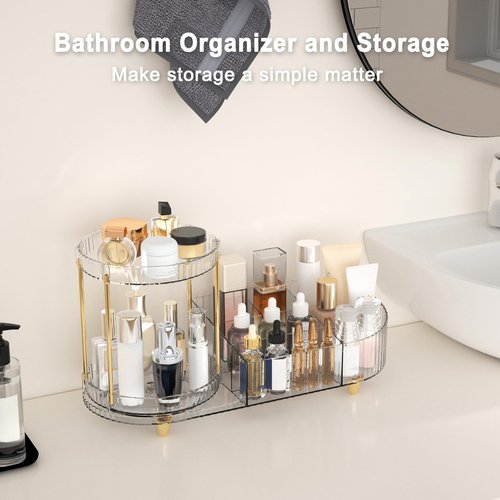 Lulltou Makeup Organizer Countertop for Vanity, Rotating Skincare Organizers and Storage, 2-in-1 Cosmetic Organizer Display Case with Makeup Holder Perfume Tray for Desk Counter Bathroom Dresser