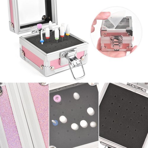 Rolabling Professional 25 Holes Nail Drill Bits Box Container Nail Drill Grinding Bit Holder Nail Polish Head Storage Box Nail Tools Organizers Container Display Storage Box Manicure Tool (Pink)