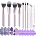 29Pcs Makeup Tool Set Includes: Wooden Handle 10Pcs Kabuki Makeup Brush set 18Pcs Makeup Sponges Suitable for makeup artists and perfect gifts (Purple 29pcs)