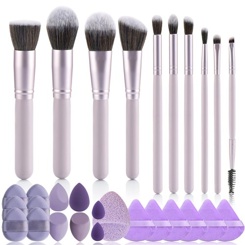 29Pcs Makeup Tool Set Includes: Wooden Handle 10Pcs Kabuki Makeup Brush set 18Pcs Makeup Sponges Suitable for makeup artists and perfect gifts (Purple 29pcs)