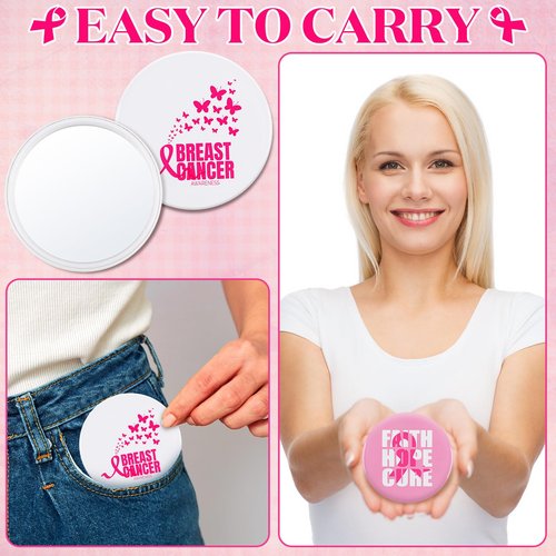 Soaoo 60 Pcs Breast Cancer Awareness Gifts for Women Pink Ribbon Pocket Mirror Bulk Round Portable Compact Mirror 2.68 Inch Makeup Mini Mirror Breast Cancer Awareness Accessories for Women