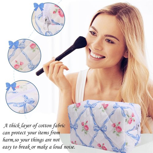 LYDZTION Cute Quilted Coquette Bow Cotton Makeup Bag with Purse Pouch - Aesthetic Stuff Travel Essentials Storage Bag for Lipstick Brushes, Blue