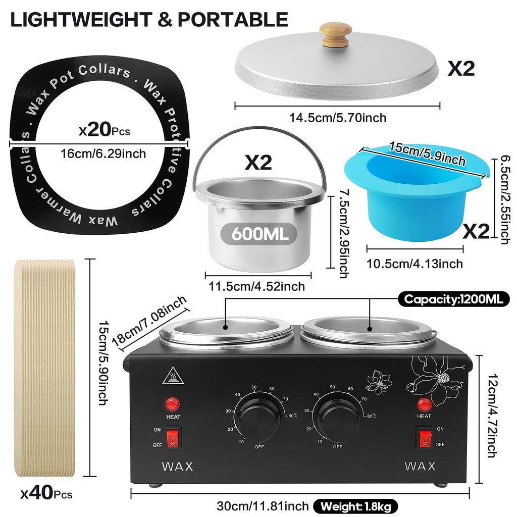Wax Warmer for Hair Removal, Professional Waxing Heater Pot with Adjustable Temperature for Women Men, with 20 Wooden Wax Sticks (Black-Double Pots)