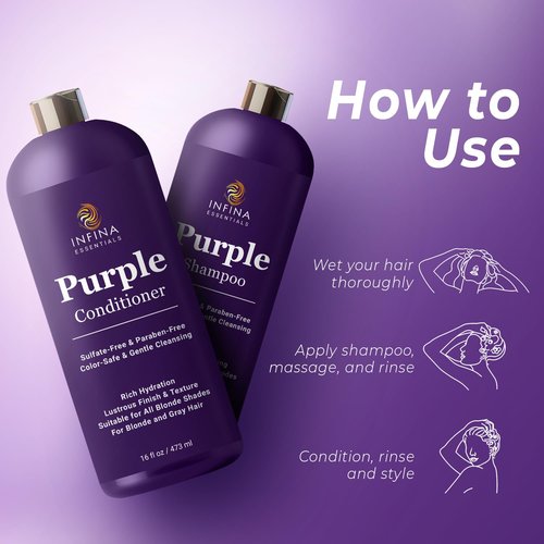 INFINA ESSENTIALS Purple Shampoo & Conditioner Set - Sulfate-Free, Nourishing Coconut Oil & Aloe Vera - 16 fl oz Each