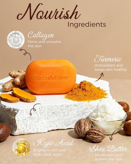 SecuMake Kojic Acid Soap, Brightening & Hydrating Turmeric Soap Bar for Dark Spots with Vitamin C and Shea Butter, Paraben & Sulfate-Free - 1 Bars