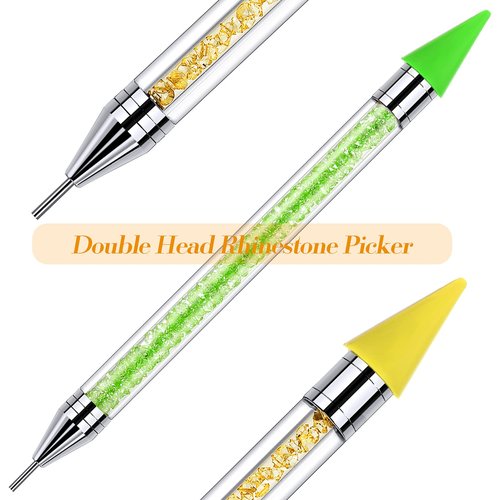 Tatuo 2 Pieces Rhinestone Picker Dotting Pen, Dual-ended Rhinestone Gems Crystals Studs Picker Wax Pencil Pen Crystal Beads Handle Manicure Nail Art DIY Decoration Tool (Green, Yellow)