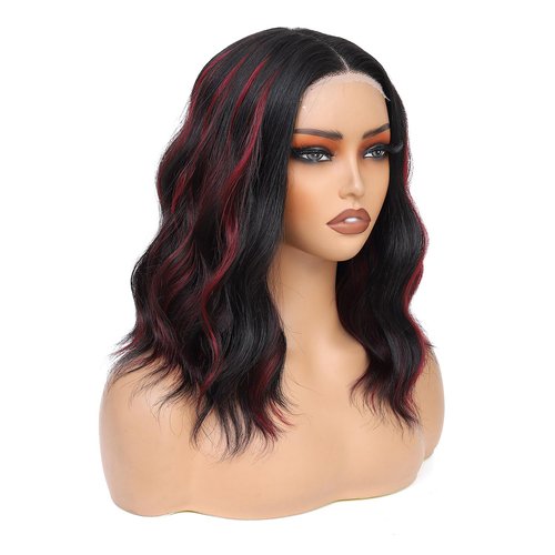 Rushinice Short Wavy Black Mixed Red Wig for Women, Lace Hairline Middle Part Bob Style Heat Resistant Synthetic Wigs Natural Looking for Daily Party 14 Inch